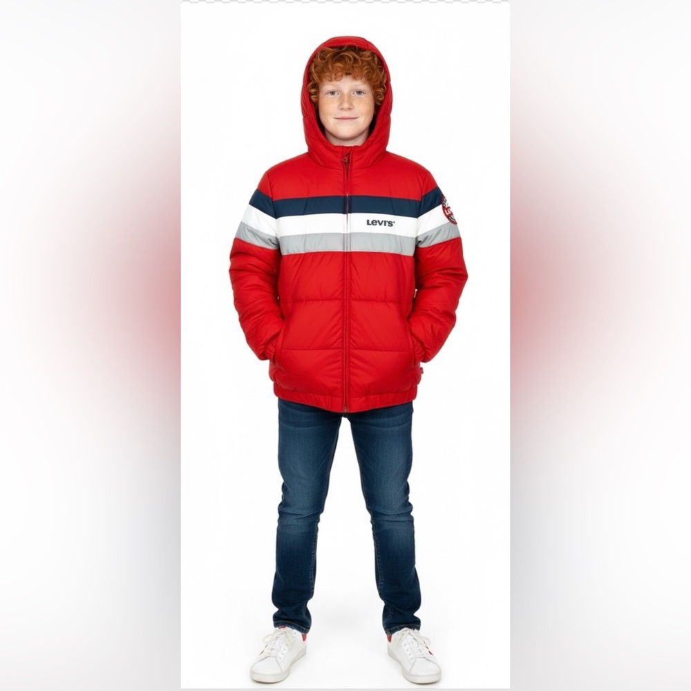 Puffer‎ jacket Levi's Vibrant Red with Stripes NWOT, ships next day .